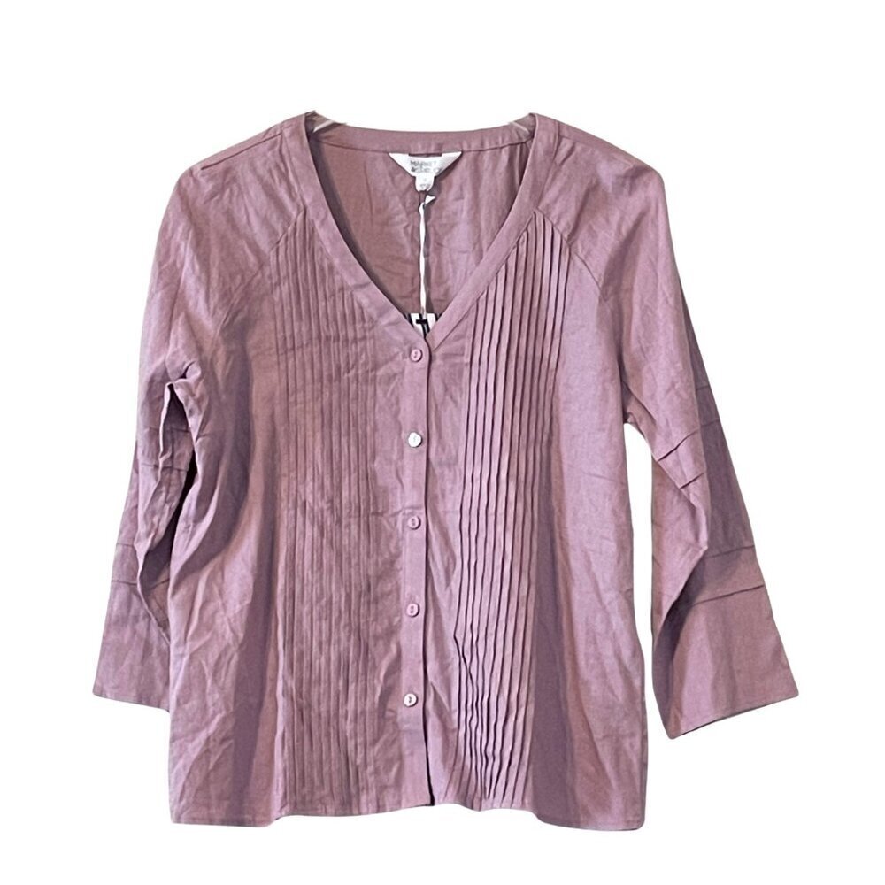 NWT Market & Spruce Stitch Fix 3/4 Sleeve Pleat Detail Linen Blend Blouse Sz. S